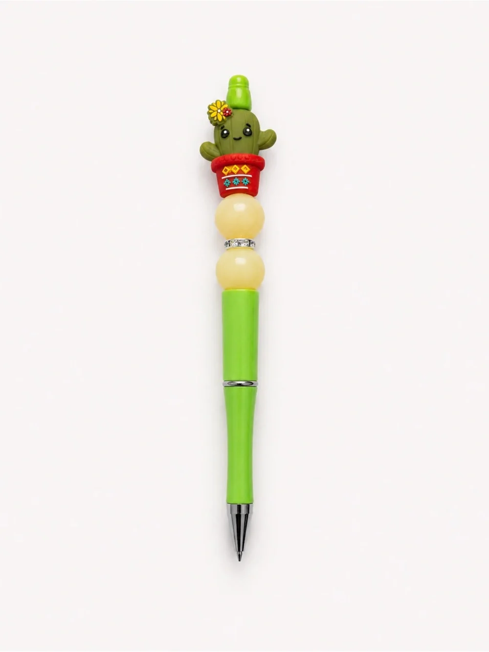 Cute Cactus Topper Ballpoint Pen in Lime Green with Red Planter extra ink